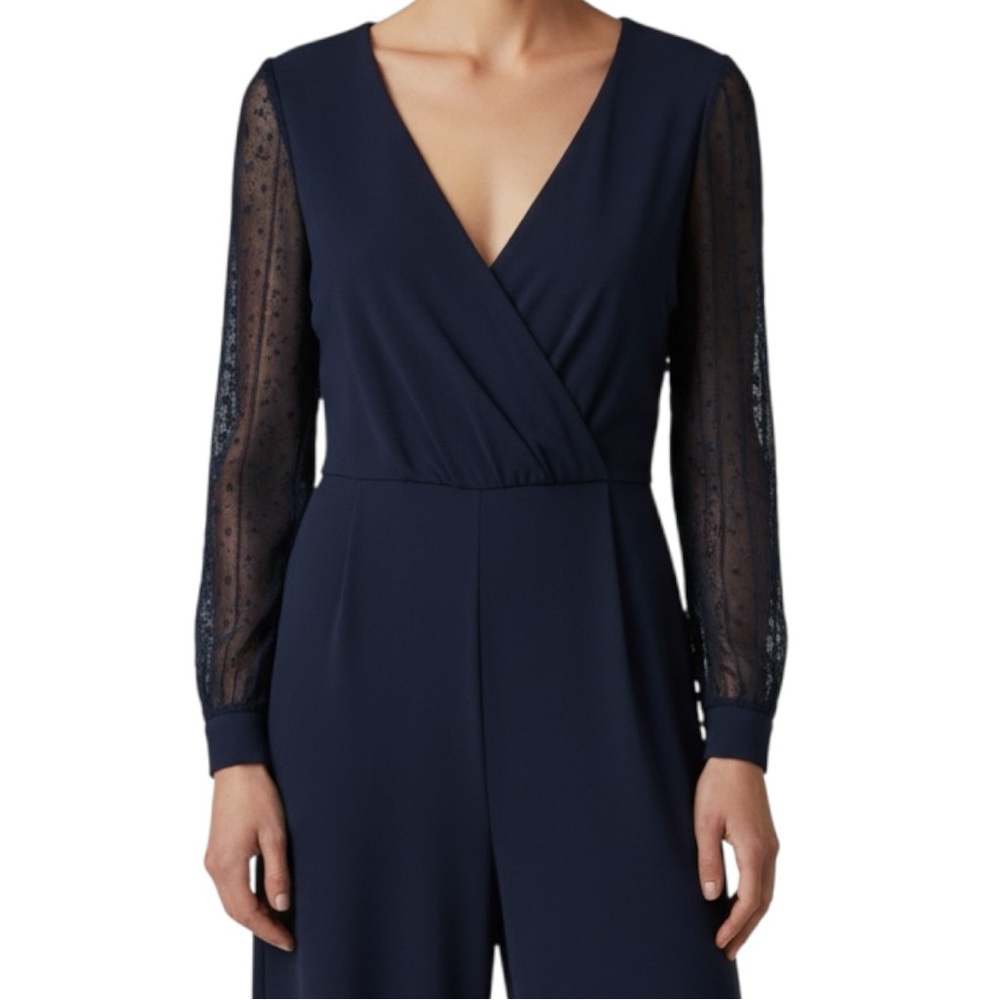 Jumpsuit SHEIN Curve OXL Navy Wrap Full Length Sheer Dot Long Sleeves V-Neck